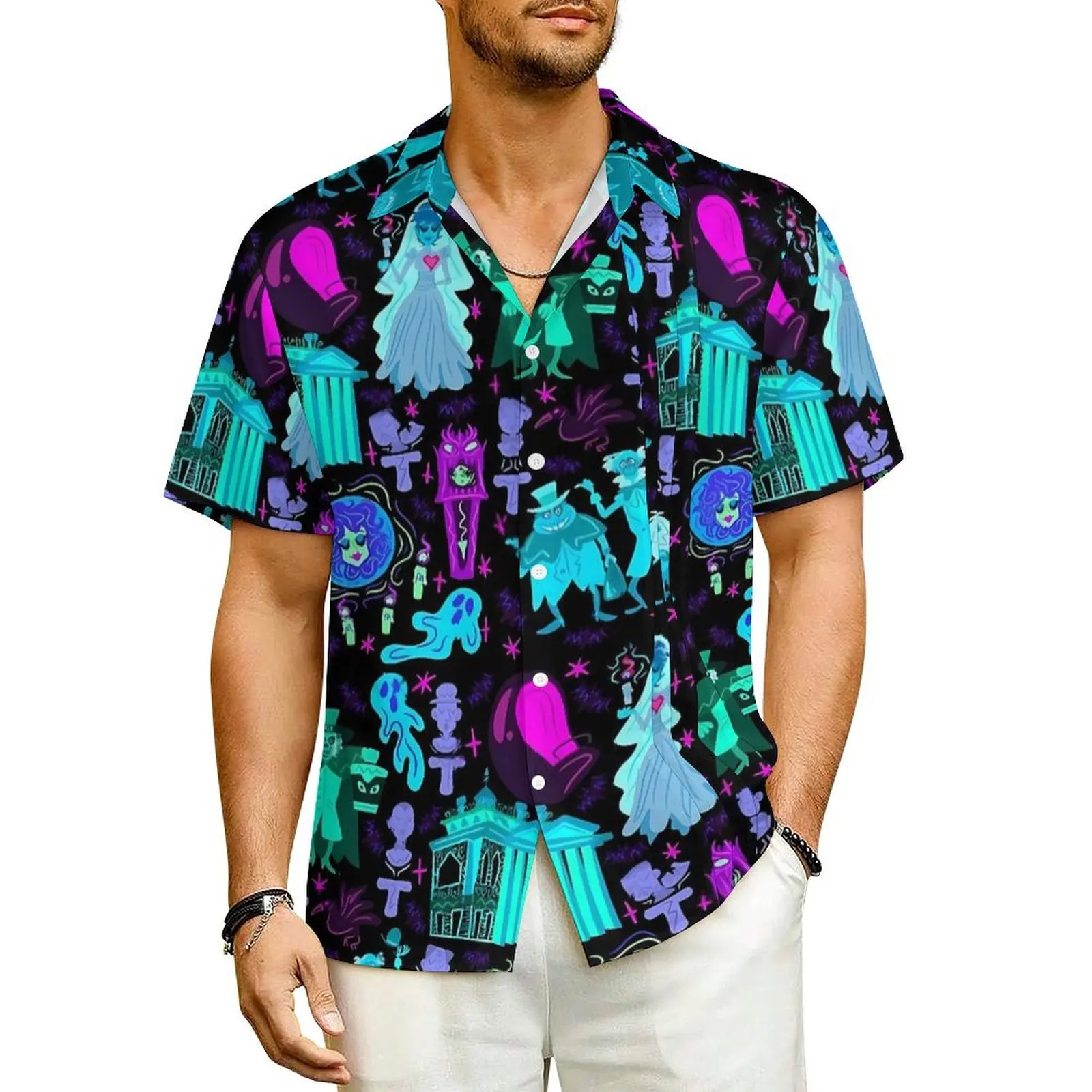 Haunted Mansion Beach Shirt Halloween Print Hawaii Casual Shirts Man Classic Blouses Short-Sleeved Streetwear Pattern Clothing