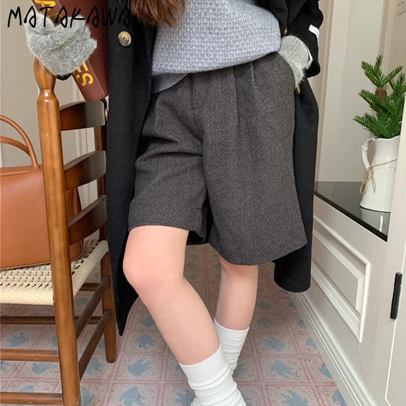 

Matakawa Woolen Knee Length Pants Women Solid Autumn Winter Loose Pantalones Mujer Korean Fashion Preppy Style Trousers