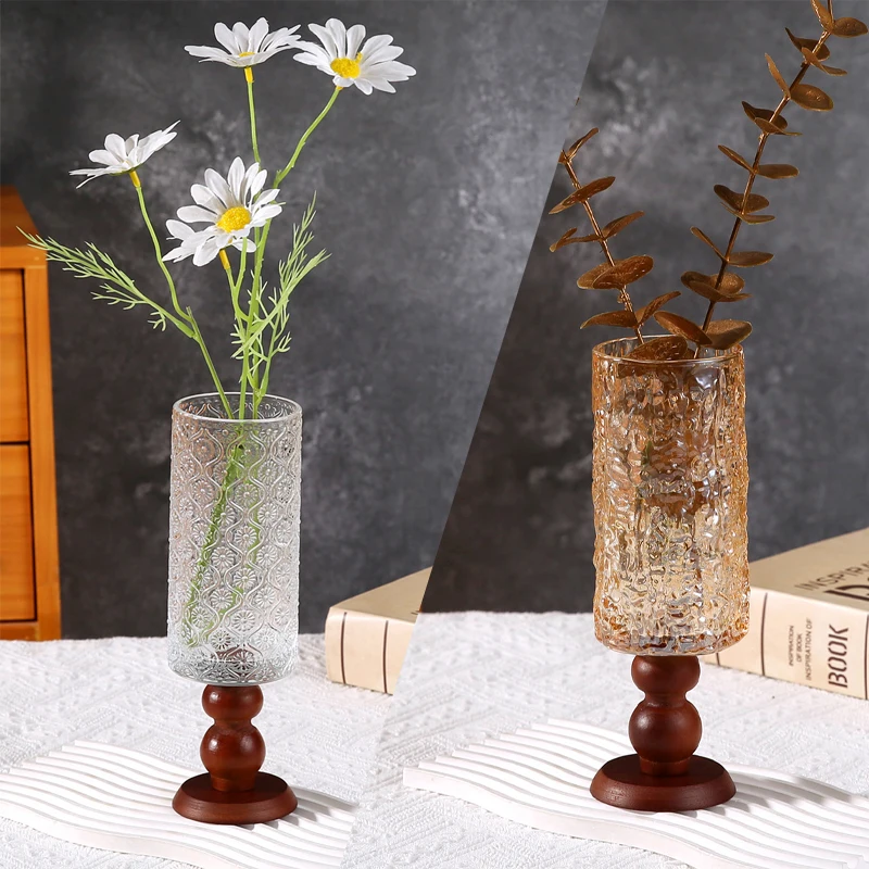 Glass Vase Wooden High-legged Flower Arrangement Decoration Ornaments Home Living Room Decor Glass Bottle Hydroponic Plant Pots