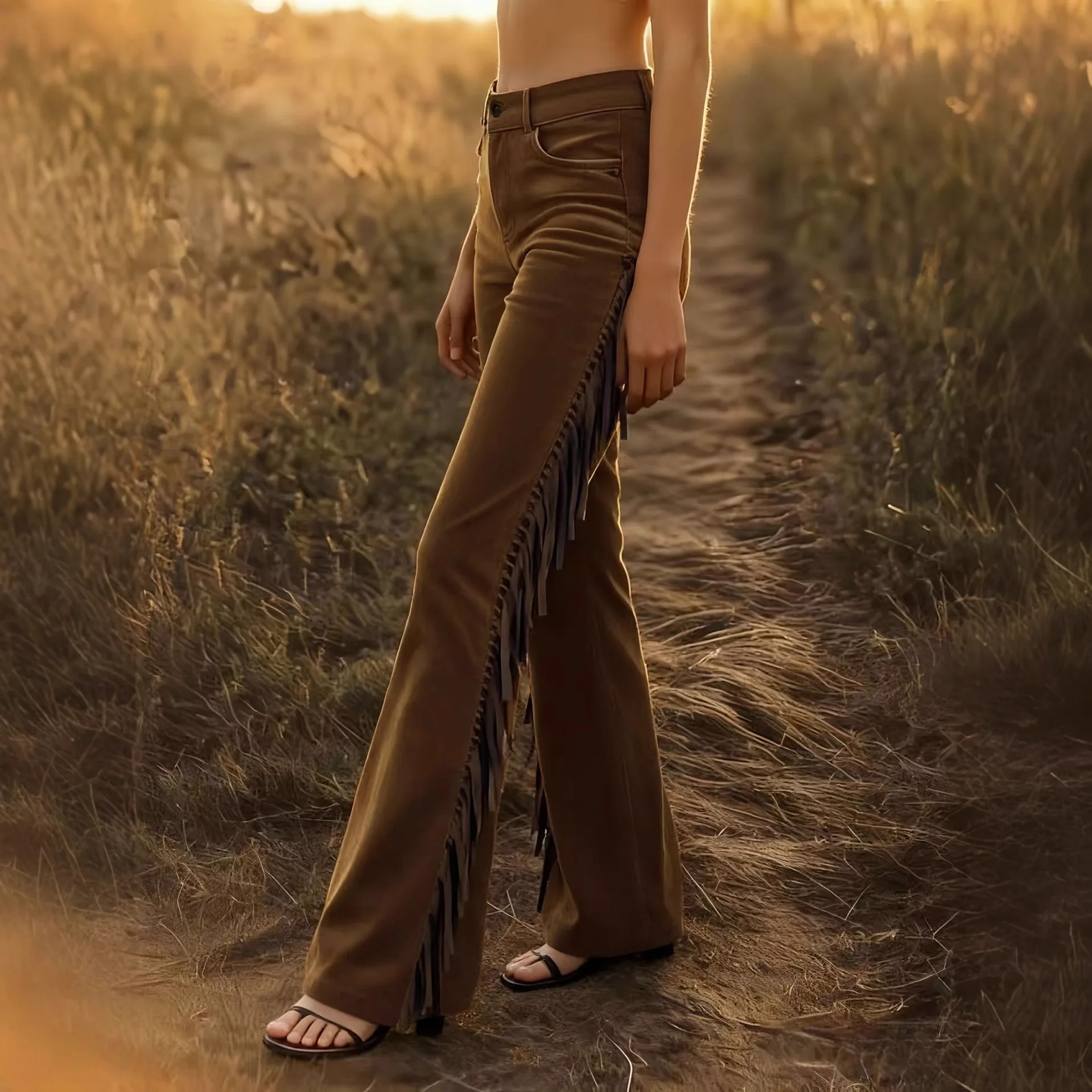 Retro Western Fringe Deer Skin Velvet Flared Pants Casual Long Trousers for Women Street Style Natural Waist Patchwork