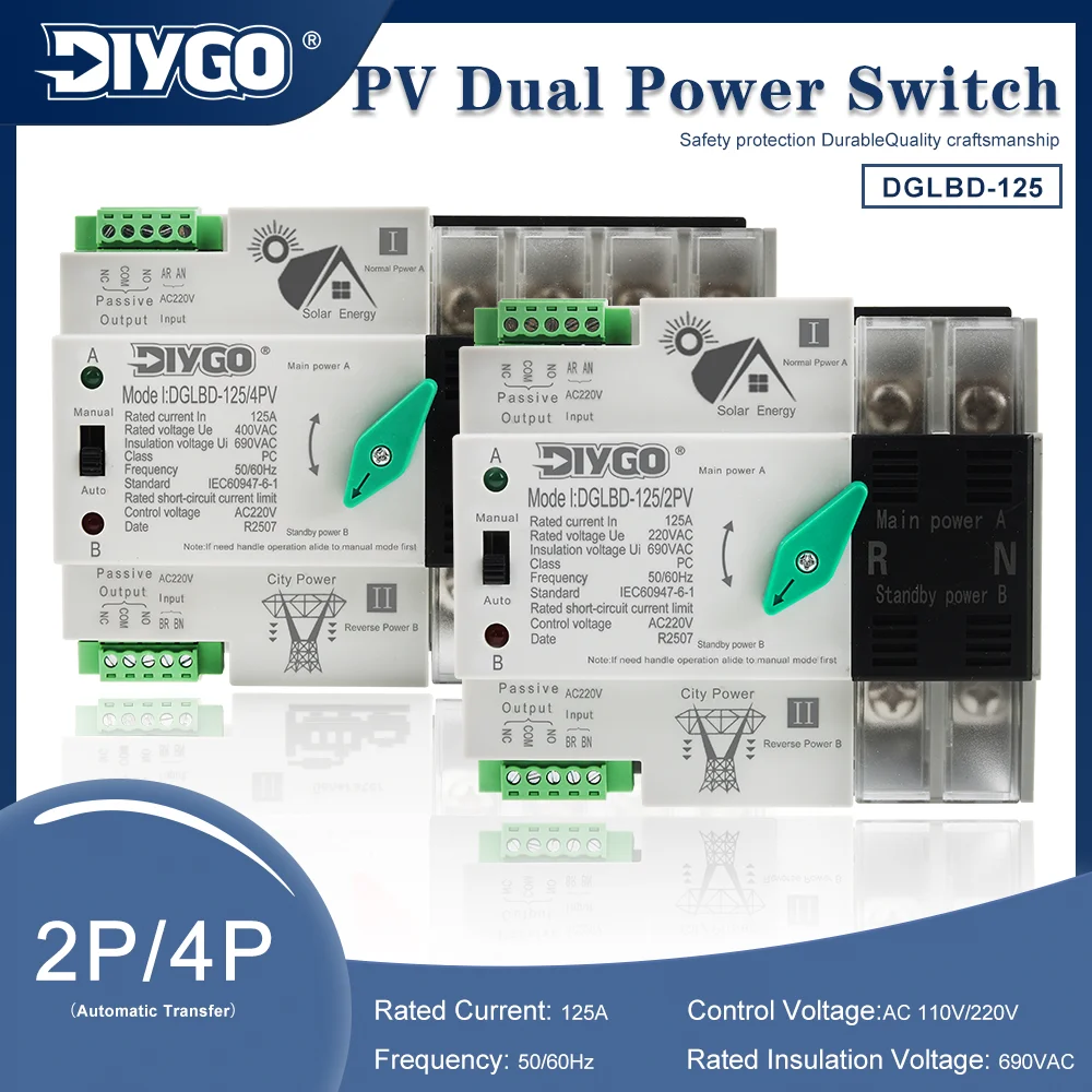 2P/4P 125A Dual Power Automatic Transfer Switch ATS AC PV Solar City Power Mutual Switching PC Grade Din Rail Changeover Switch