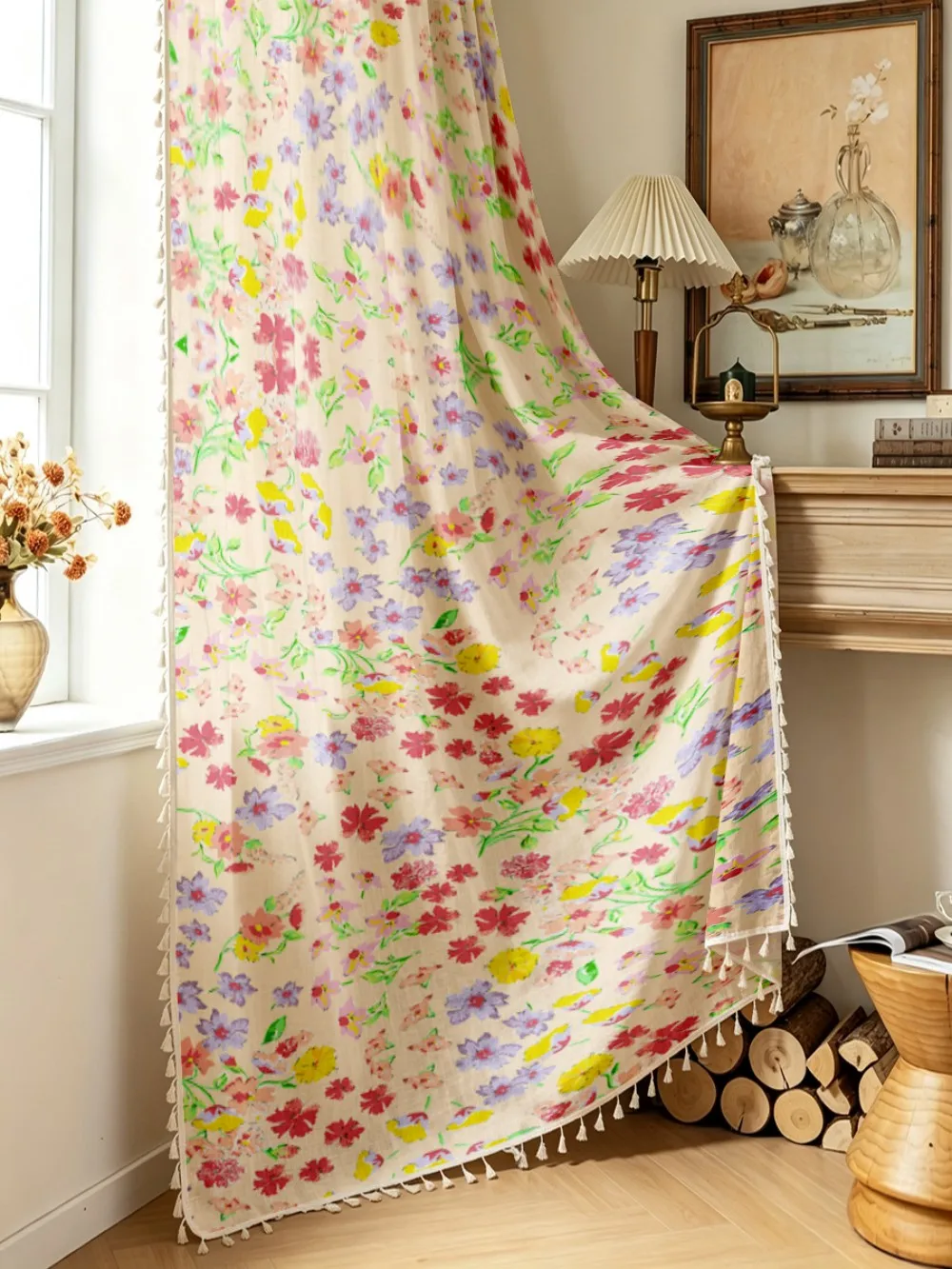 1PC Floral Tassel Sheer Curtains, Colorful Mixed Flower, Digital Print, Linen Polyester, Bedroom Living Room Kitchen, Home Decor