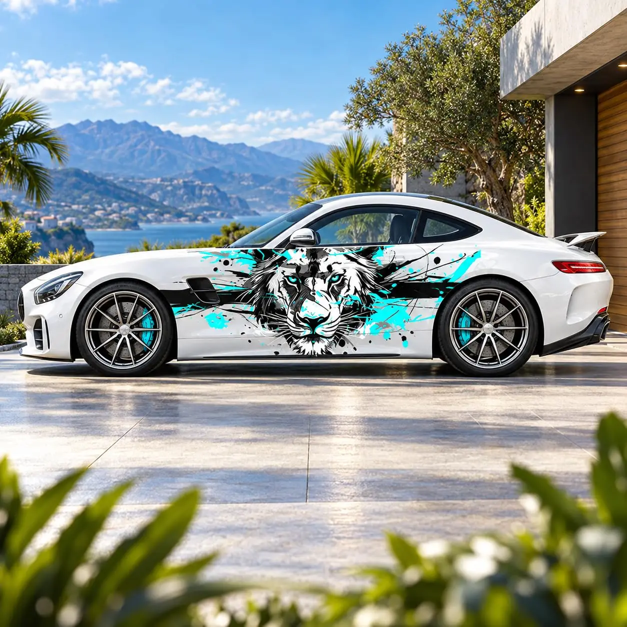 Tiger Graffiti Car Side Vinyl Wrap Decal, Black & Teal