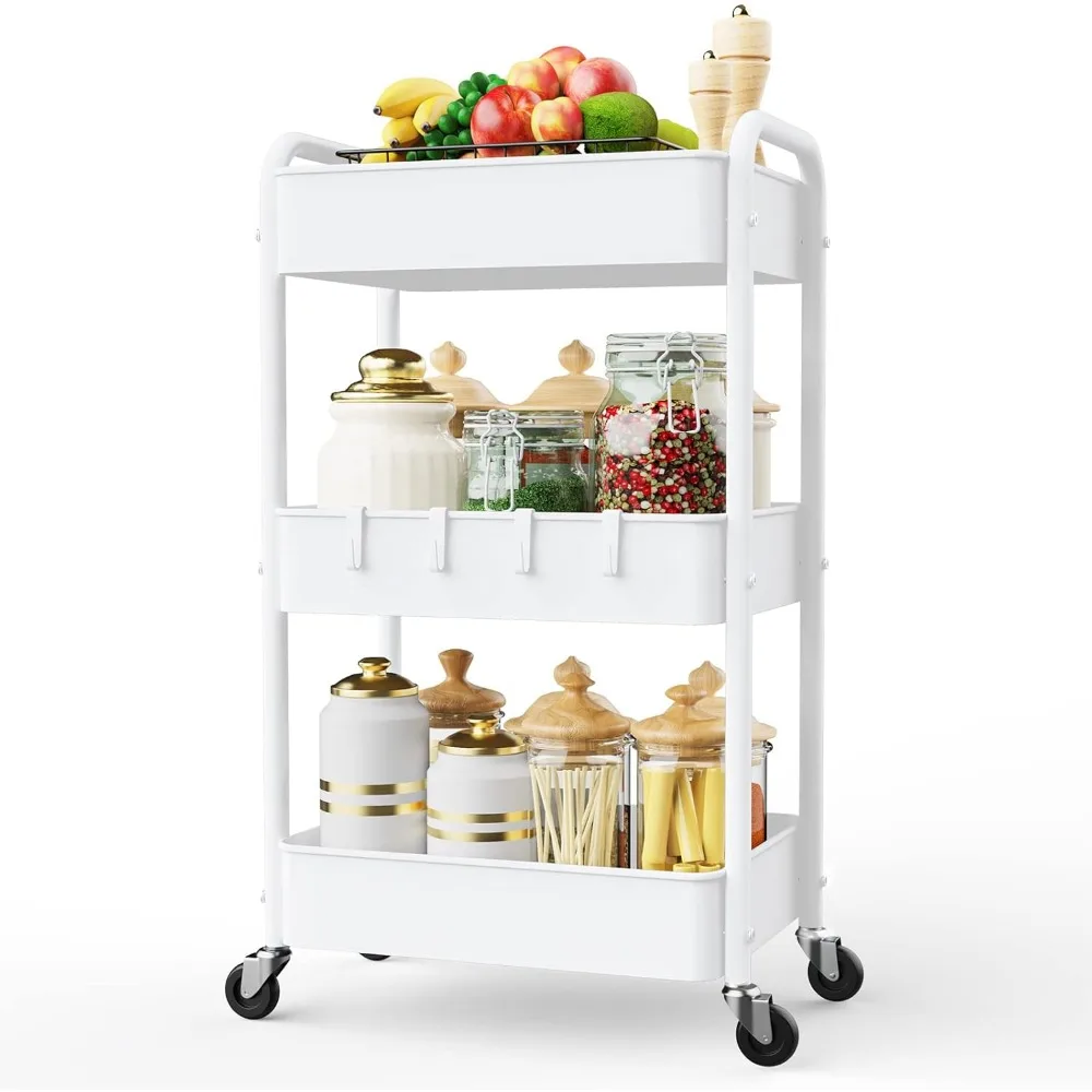 

3-Tier Rolling Utility Cart with Wheels & Hooks, Easy Assembly Storage Organizer for Bathroom Kitchen Office