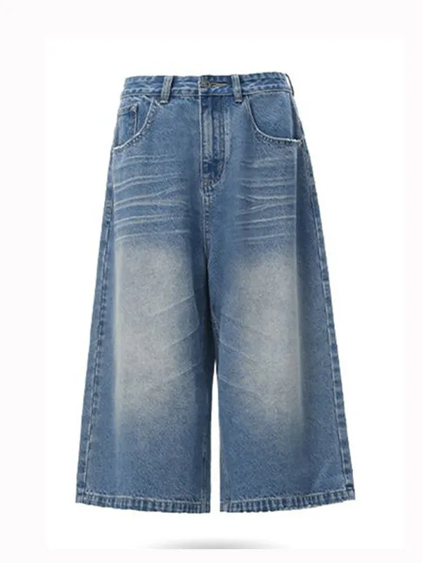 American Retro Blue Seven-Foot Women's Jeans Summer New High Waist Extended Loose Slim Wide Leg Straight Mid-Pant High Risen
