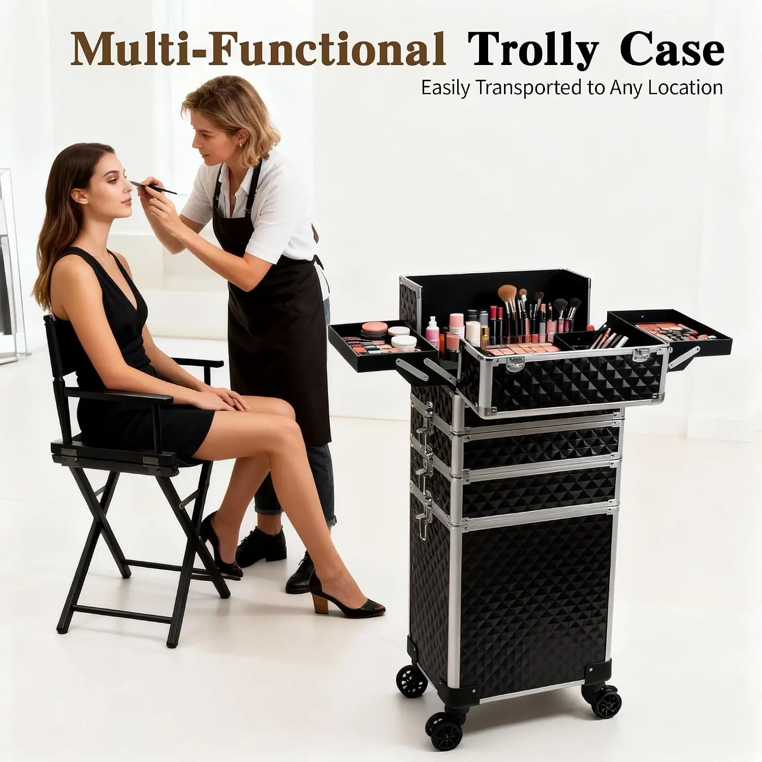Rolling Makeup Train Case, Cosmetic Trolley Luggage Box, Salon Beauty Barber Tool Storage Organizer, Multi Layer Detachable Caster Wheel Holder, Classic Style, Solid Black, 1 Pack view 4