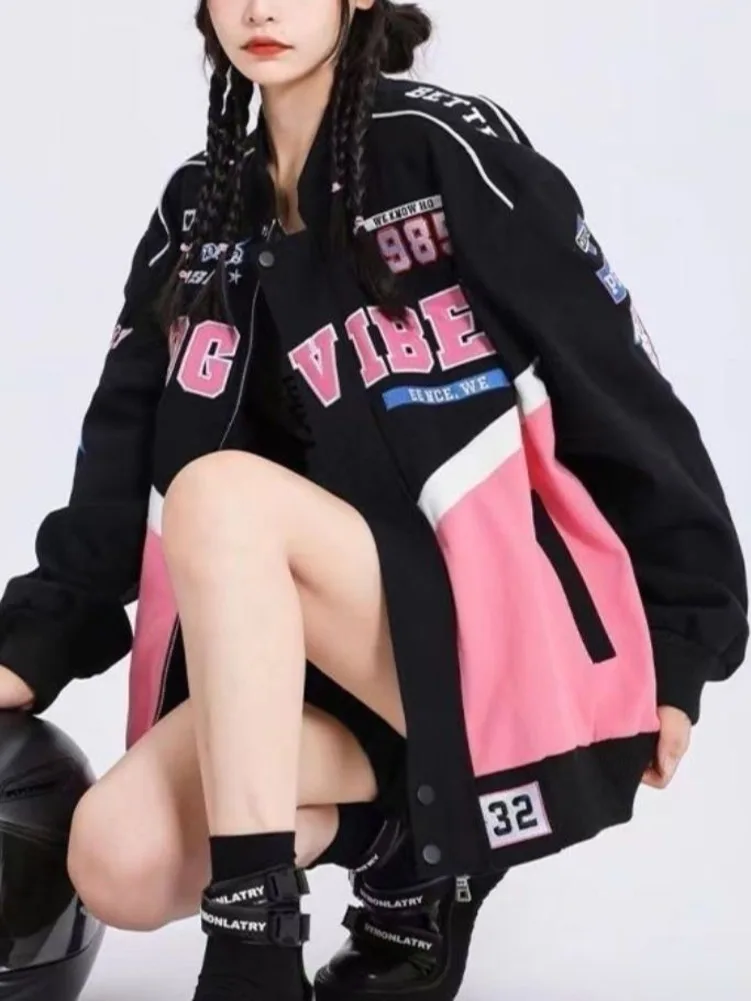 Printed Harajuku Goth Pink Coat Women Y2k Fashion Spring Autumn Jacket Women Punk Jacket Locomotive Racer Jackets For Women