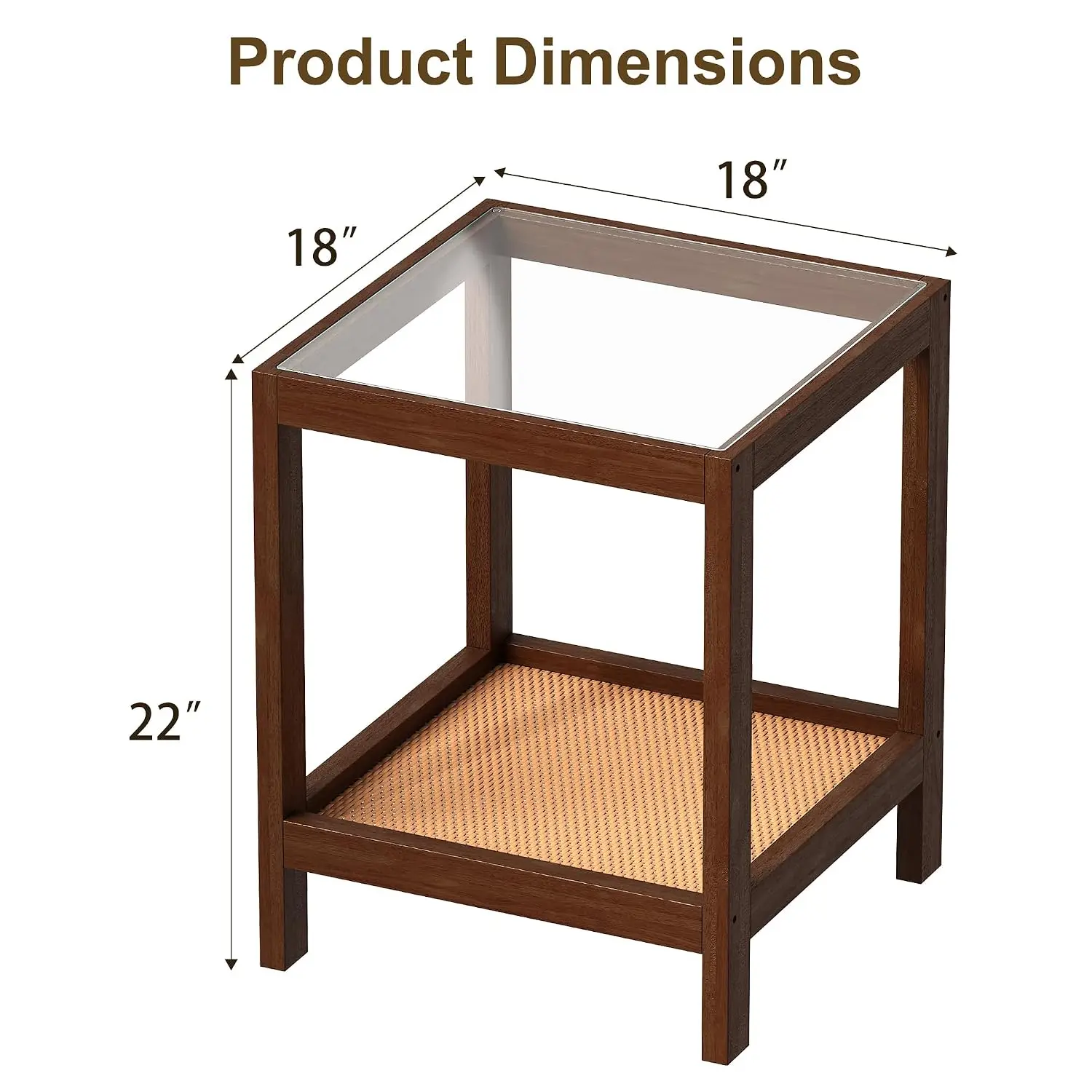 Solid Wood Nightstand Set 2 Glass Top Rattan Shelf Mid-Century Bedside Table Bedroom Small Space, Customized