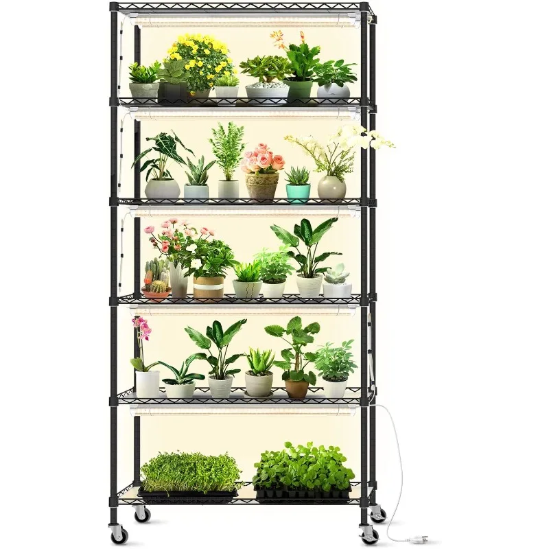 DIY Plant Shelf with Grow Lights, Grow Light Shelf with Adjustable Rack and Wheels, Plant Stand,Full Spectrum Grow Lights