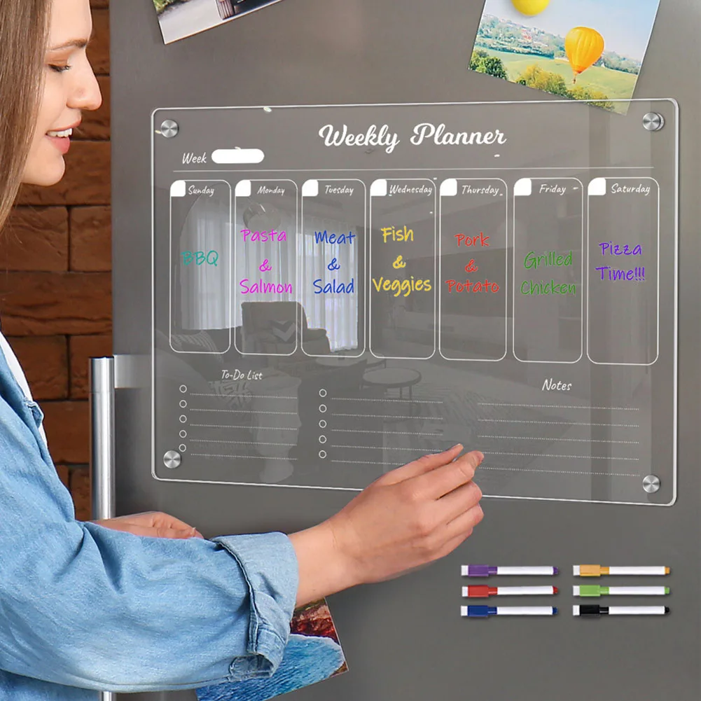 Clear Acrílico Magnetic Frigorífico Board Planner, programação diária e semanal, calendário Frigorífico, 6 marcadores apagáveis, Casa e Escola