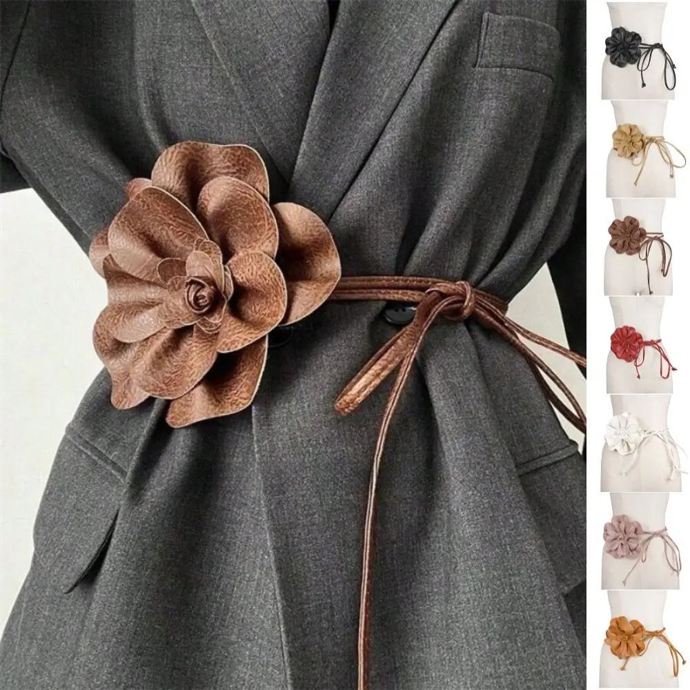 Fashion Vintage PU Leather Flower Waist Chain Large Floral Flower Belt Tie Rope Boho Leather Rope Belt Ladies Jeans