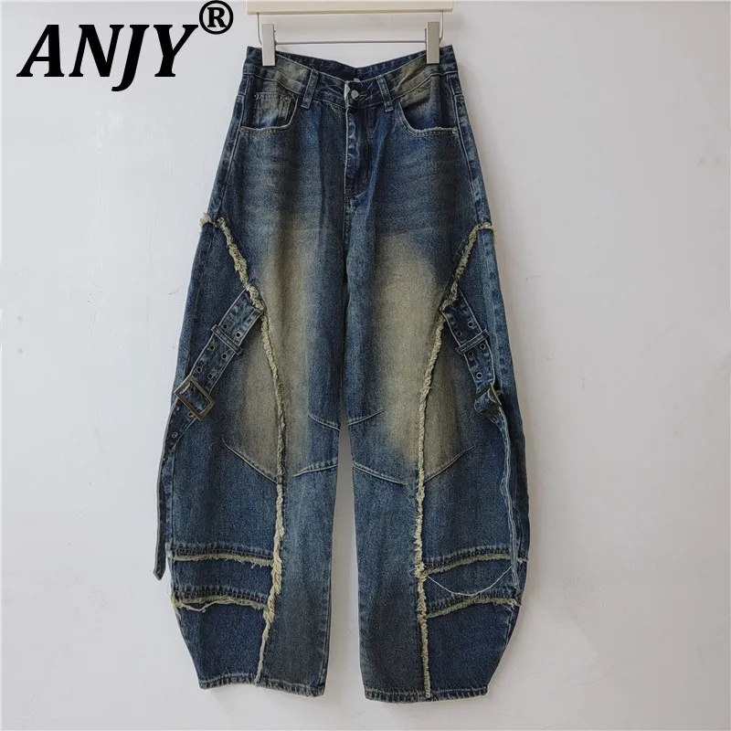 ANJY Women Jeans American Style High Street Ins Washed Distressed Deconstructed Frayed Patchwork Design Curve Denim Pants A28728
