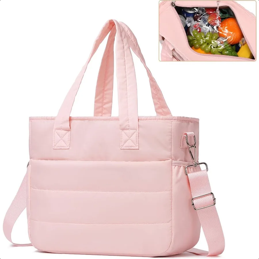 

Lunch Bag Women Leakproof Insulated Tote for Women Work Large Puffy Crossbody Shoulder Bag Waterproof Cooler Purse Pink
