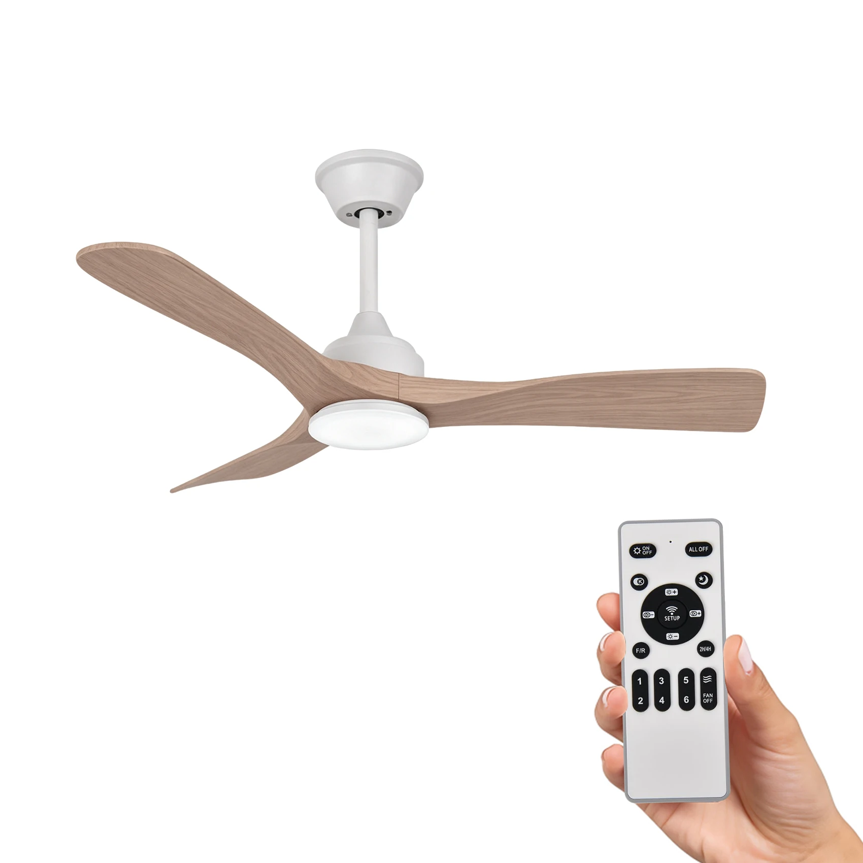 Plafondventilator met dimbare ledverlichting, 106 cm (42 inch), stille DC-motor met afstandsbediening, 3 ABS-kunststof bladen (wit/houtlook), Scandinavische stijl voor de woonkamer.