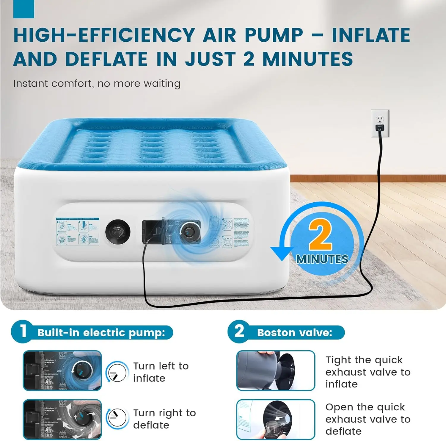 Twin Air Mattress With Built In Pump Raised Bed, 18'' High Single Blow Up Mattress, Durable Self Inflating Air Bed With Flocked