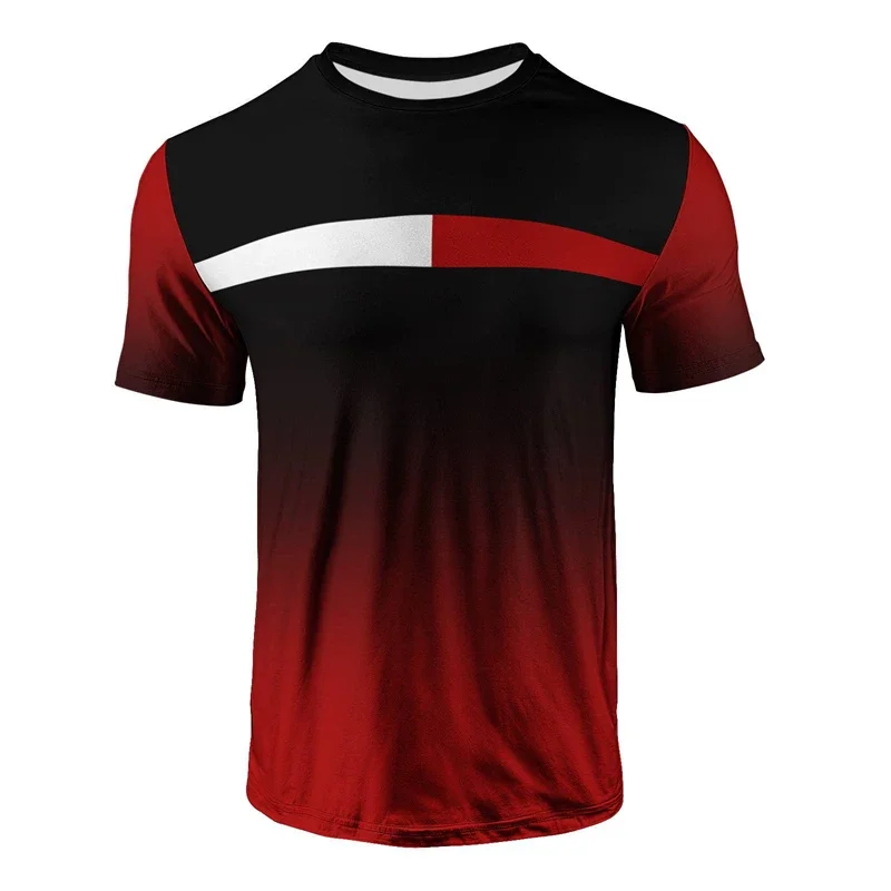 Herren T-Shirt mit Farbverlauf von Schwarz zu Rot und Streifendetail Kurzarm Rundhals Casual Tee