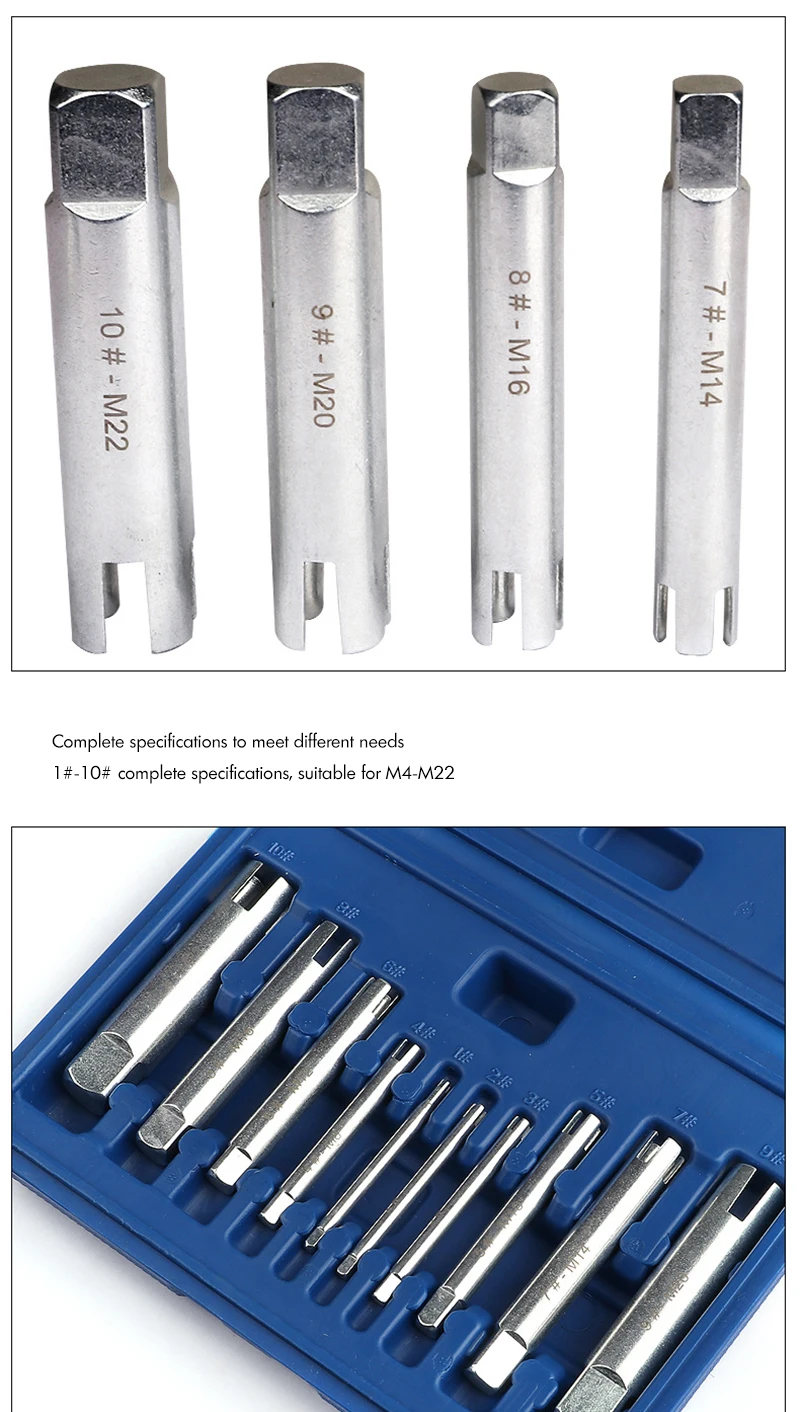 10PCS Schraube Tap Extractor Set M4-M22 Beschädigt Schraube Tippen Entferner Legierung Stahl Gebrochen Kopf Wasserhähne Schlüssel Extractor Drill Bit – Detail 5