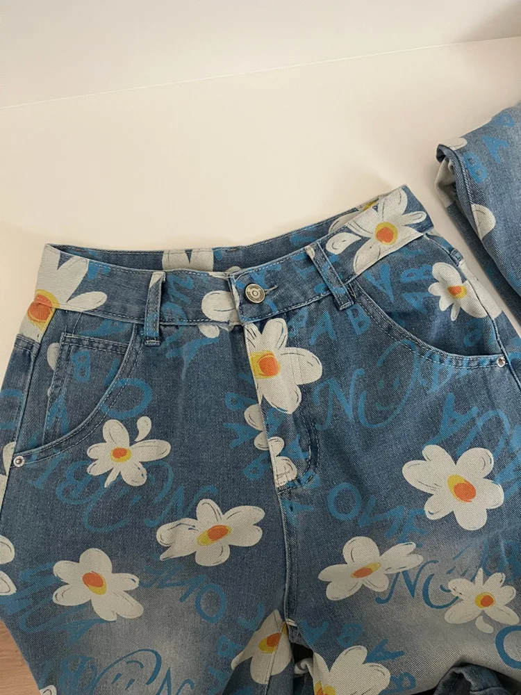 Pantalones vaqueros informales holgados con estampado de flores para Mujer, Ropa elegante y recta, moda coreana Y2K, 2024