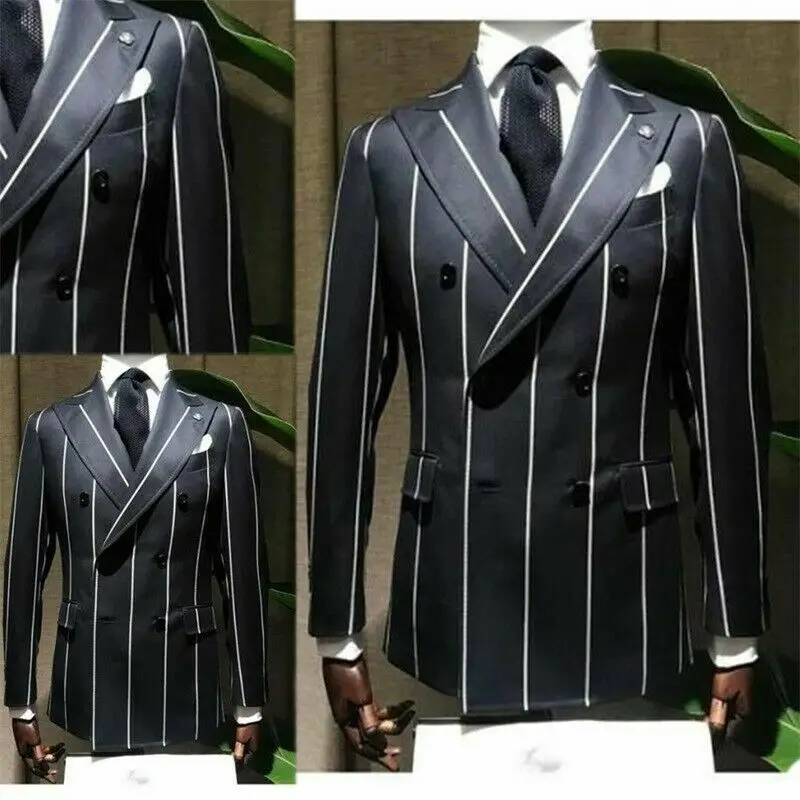 Latest Black Pinstripe Mens Suit Double Breasted Slim Two-Pieces Jacket Pants Designer Formal Occasion Costum Made