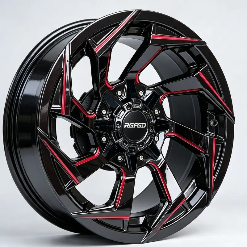 【2026】Monoblock Forged Alloy Wheels 8 Spoke Gloss Black With Red Groove 15-26 Inch Offroad Car Rims Y005