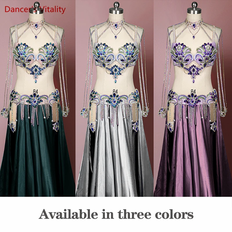 Belly Dance Competition Costume Suit for Women Cusomized Bra+satin Split Long Skirt 2pcs Female Oriental Bellydance Outfit