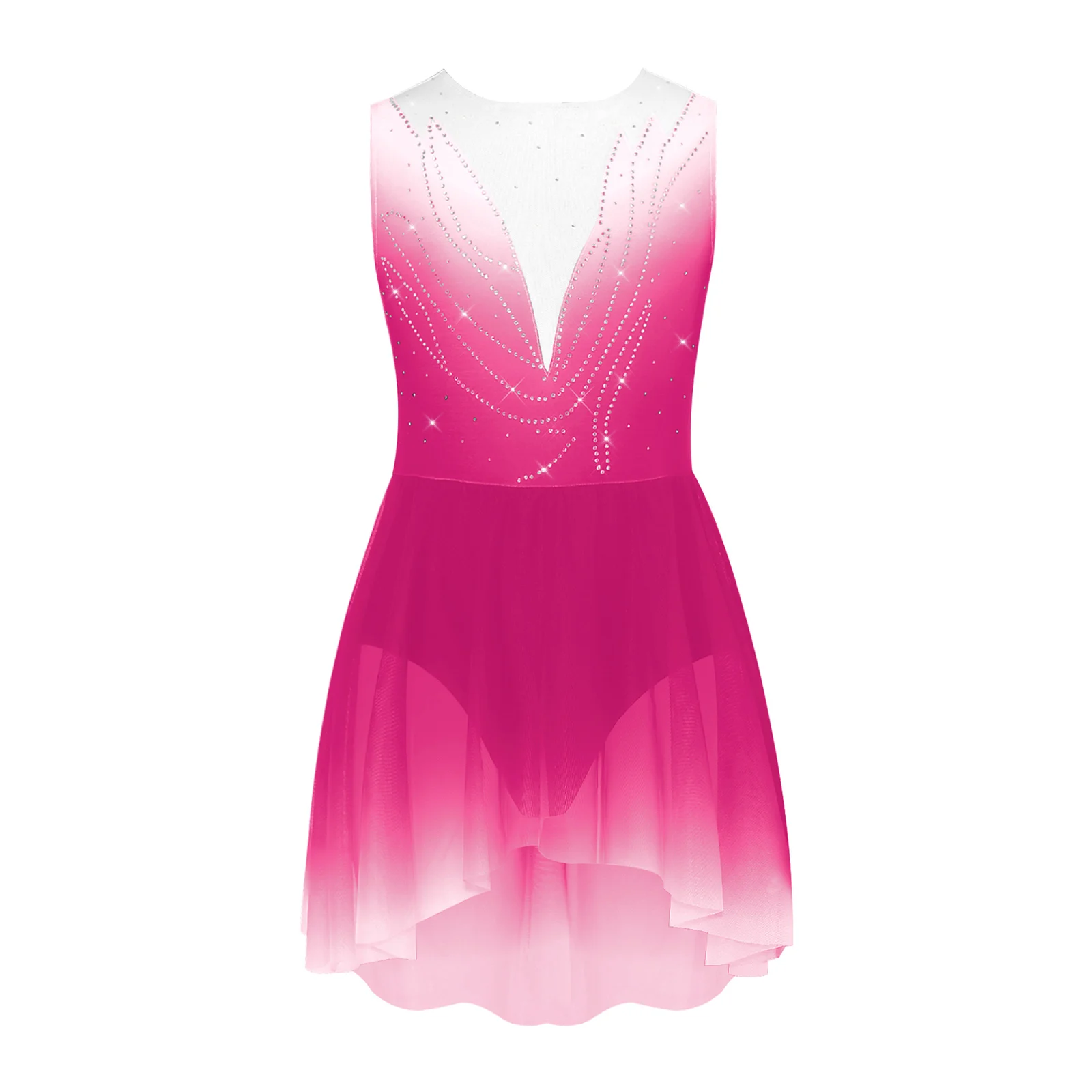 Kids Girls Figure Ice Skating Lyrical Dance Costume Shiny Rhinestones Sleeveless Mesh Dress Ballet Rhythmic Gymnastics Leotard view 2