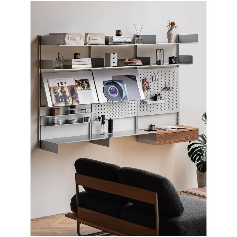 Stainless Steel Wall Mounted Shelf Metal Bookshelf for Living Room Bedroom Coat Rack with Hole Plate Storage Cup Holder