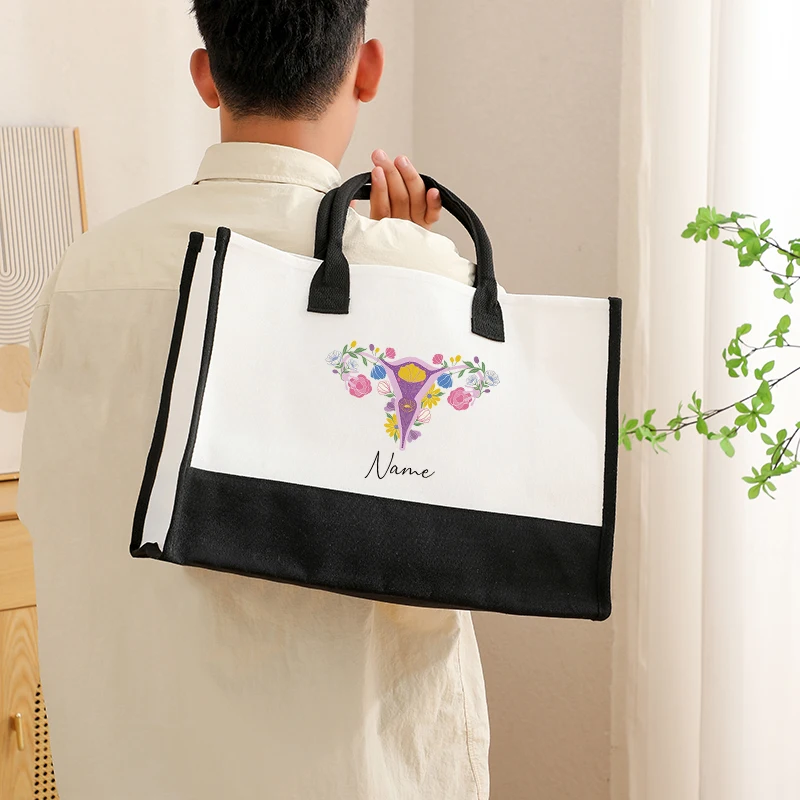 

Personalized Art Uterus Pattern Black and White Splicing Hand Tote Bag Custom Gynecological Midwife Nurse Gift Thank You Gift