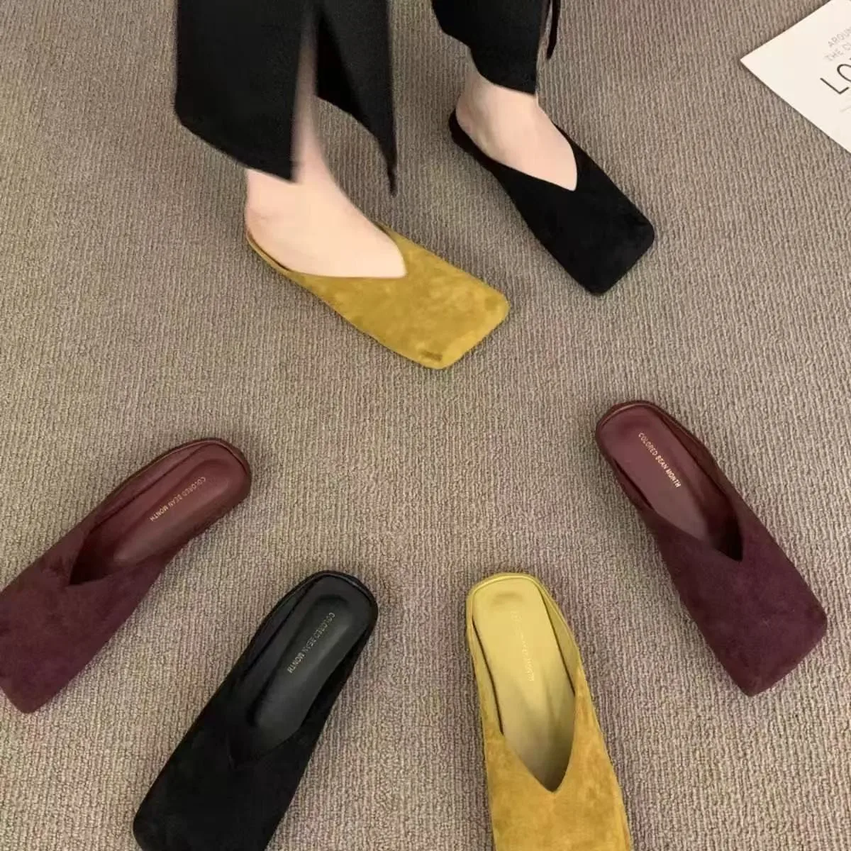 Zapatillas planas de gamuza para mujer, zapatillas con punta cuadrada, zapatos informales con punta, vestido de moda para primavera y otoño, zapatillas cómodas para mujer 2025