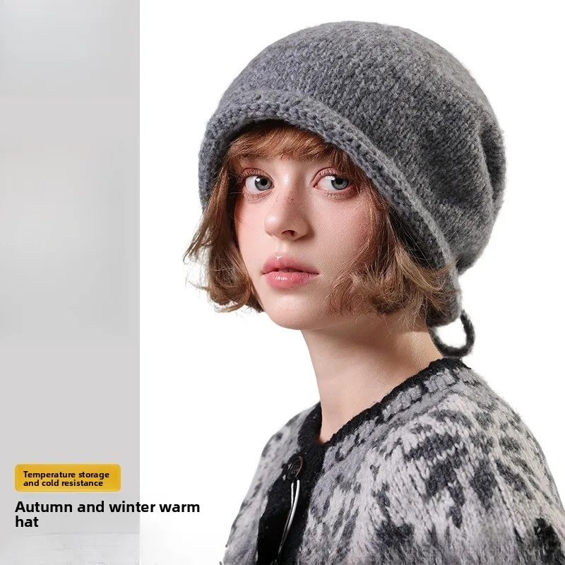 Popular Fashion Thick Needle Double Drawstring Knitted Stack Hat Versatile Neutral Niche Face Small Bag Head Wool Hat