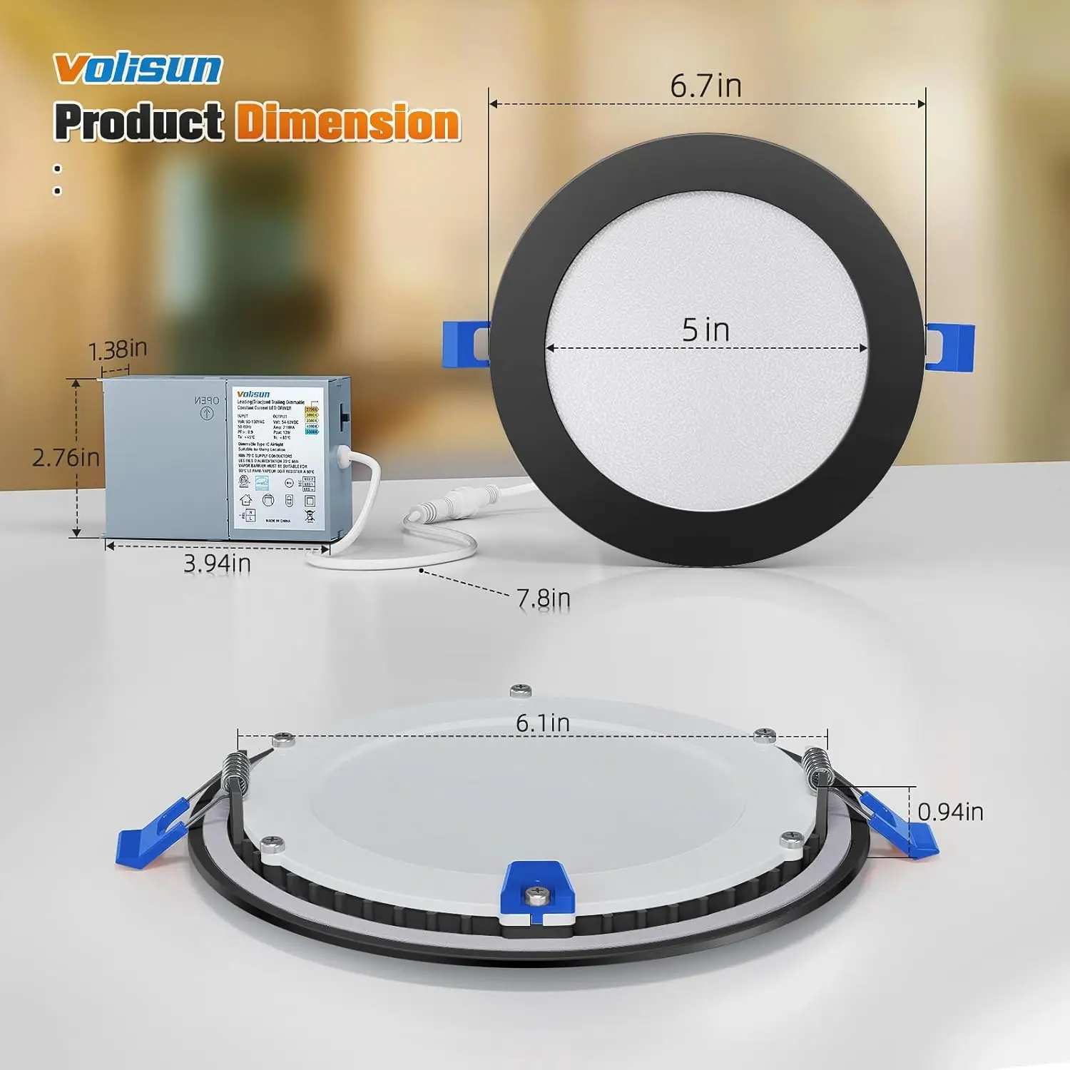 Iluminação LED embutida Volisun, luz regulável preta, 6 Polegada, 5Cct, 2700K-5000K, 13W, Eqv, 120W, 1080Lm, 12 Pack