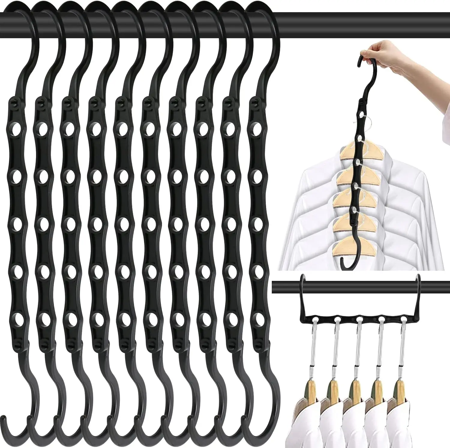 

10 Pack Black Magic Hangers 5 Holes Sturdy Plastic Clothes Closet Organizers and Storage Space Saver Room Essentials for Shirt