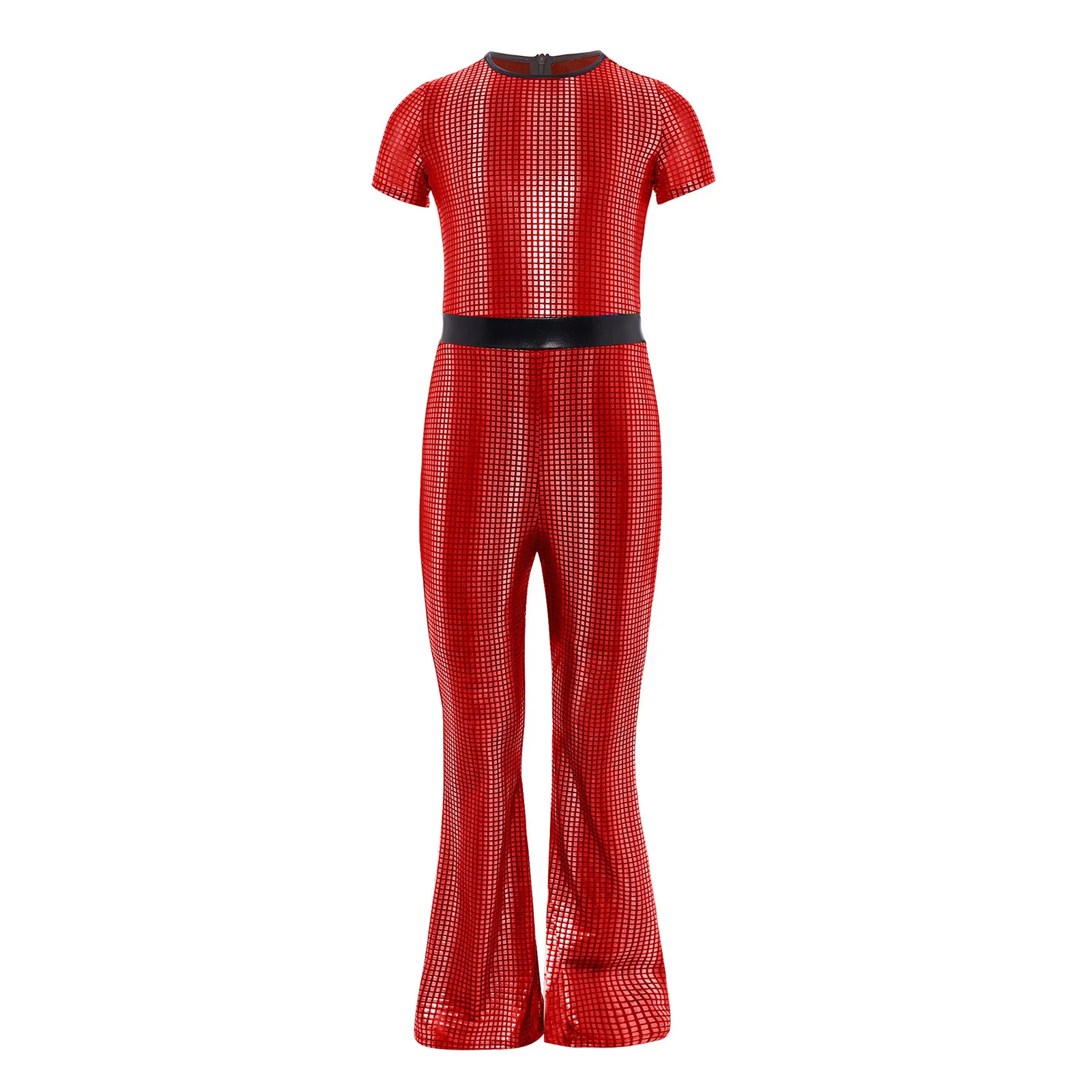 

Girls Jazz Disco Dance Costume Metallic Plaid Unitard Short Sleeve Back Zipper Full Body Bell-Bottom Jumpsuit for Music Festival