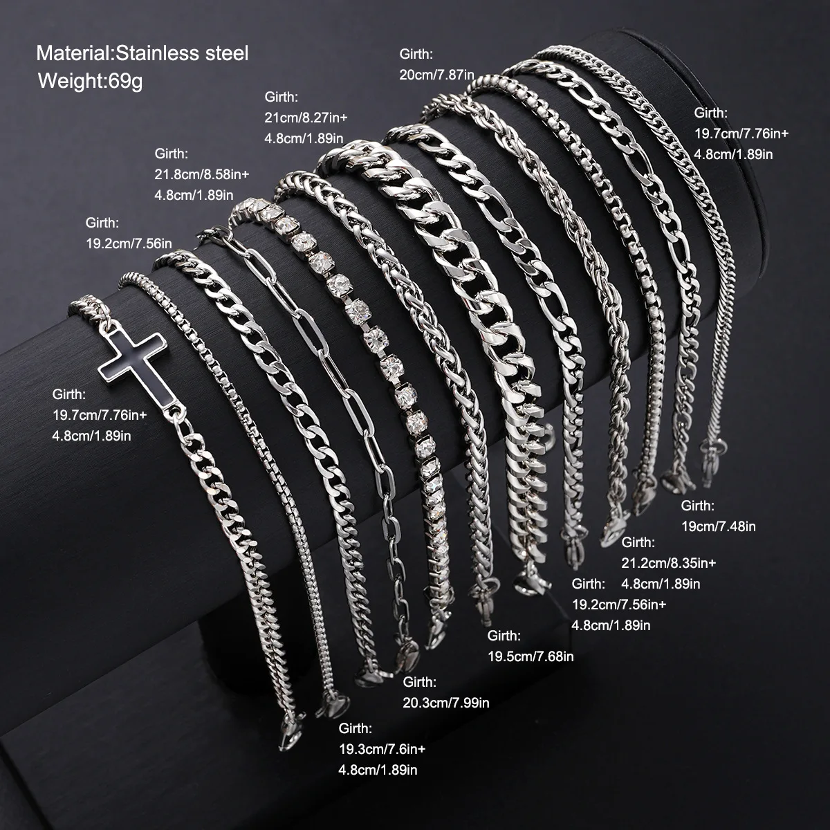 Fashion Trend Stainless Steel Cross Zircon Bracelet 12 Piece Set Environmental Protection Jewelry Bracelet Set