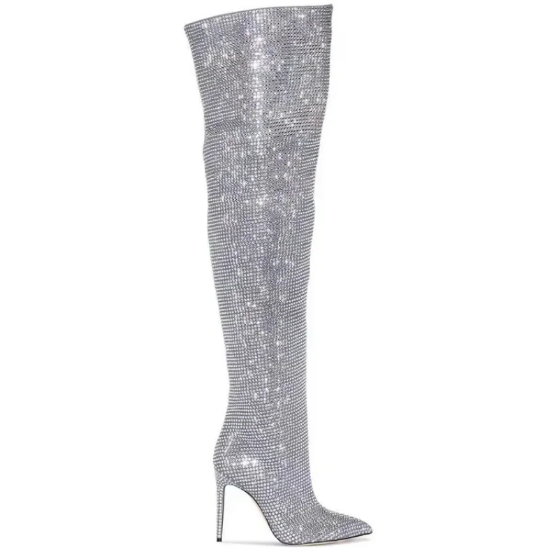 High quality European and American knee length rhinestone pile boots for women\'s sexy slim high heeled pointed runway boots