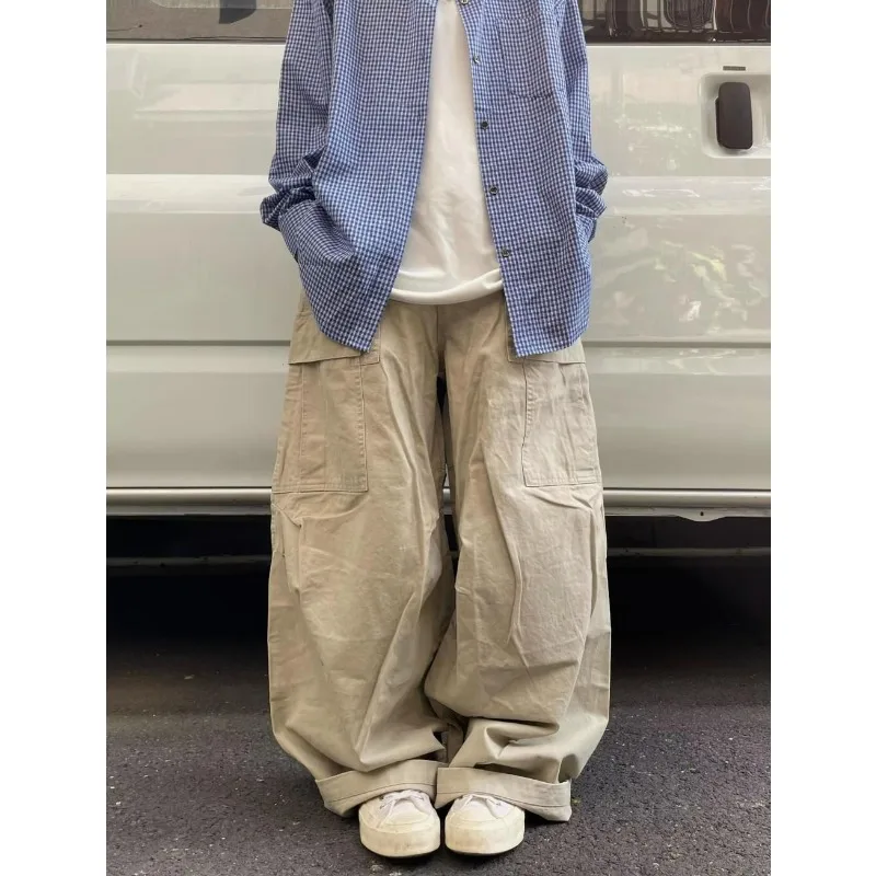 Korean Style High Street Men's Baggy Cargo Pants 2026 Autumn New Multi Pocket Outdoor Sports Casual Wide Leg Pants Streetwear