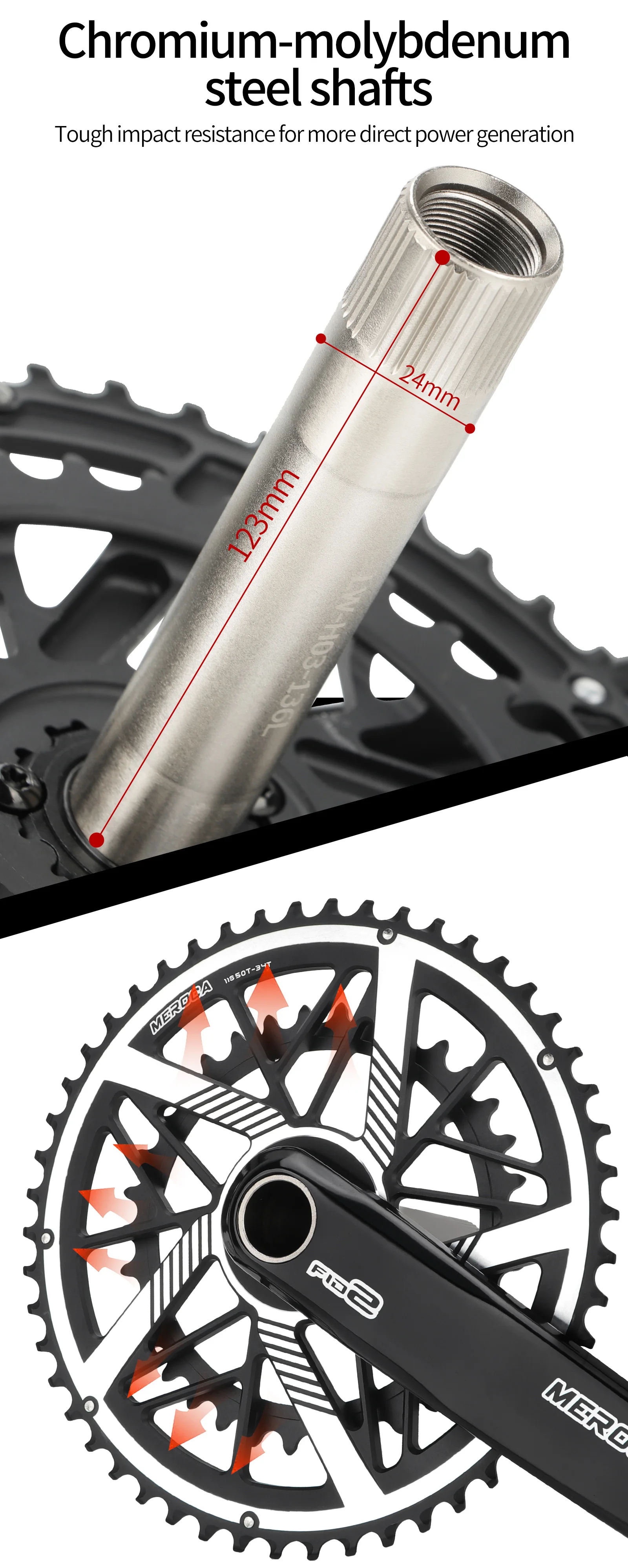 MEROCA Rennrad-Kurbelgarnitur, 9/10/11 Geschwindigkeiten, direkt montierter Doppelkurbelgarnitur, 50 t-34 t/52 t-36 t/53 t-39 t, Straßenkurbel aus Aluminiumlegierung, 170 mm – Detail 7