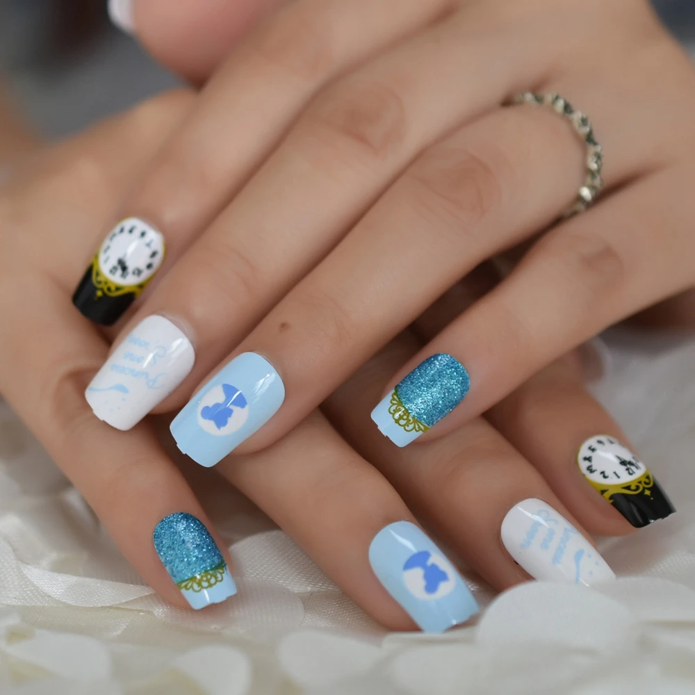 England Style Fake Nails Happy Time Ancient Clock Beauty Acrylic Artificial Nail Art Tips Pre-designed Blue Square Tips 24