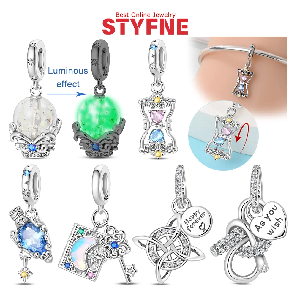 Exquisite 925 Silver Colored Dream Charm Blue Zircon Magic Potion Rotating Hourglass Beads for Fashion Jewelry Gift Diy Bracelet