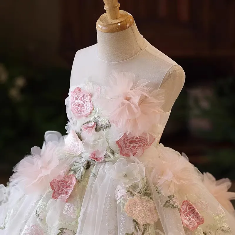 Girls' Tail Skirt Princess Dress Little Girl Birthday Party Evening Gown Flower Design Light Luxury Runway Dress Summer