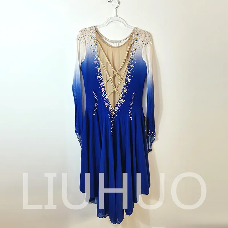 LIUHUO Pattinaggio di Figura sul Ghiaccio Abito Blu Ragazze Donne Adolescenti Abito da Competizione in Spandex Elastico