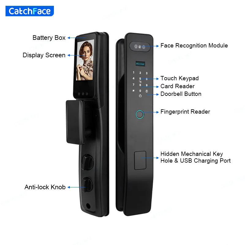 Facial Recognition Automatic Door Lock TUYA Front Door Fingerprint Smart Lock Digit Camera Visible Inner Screen