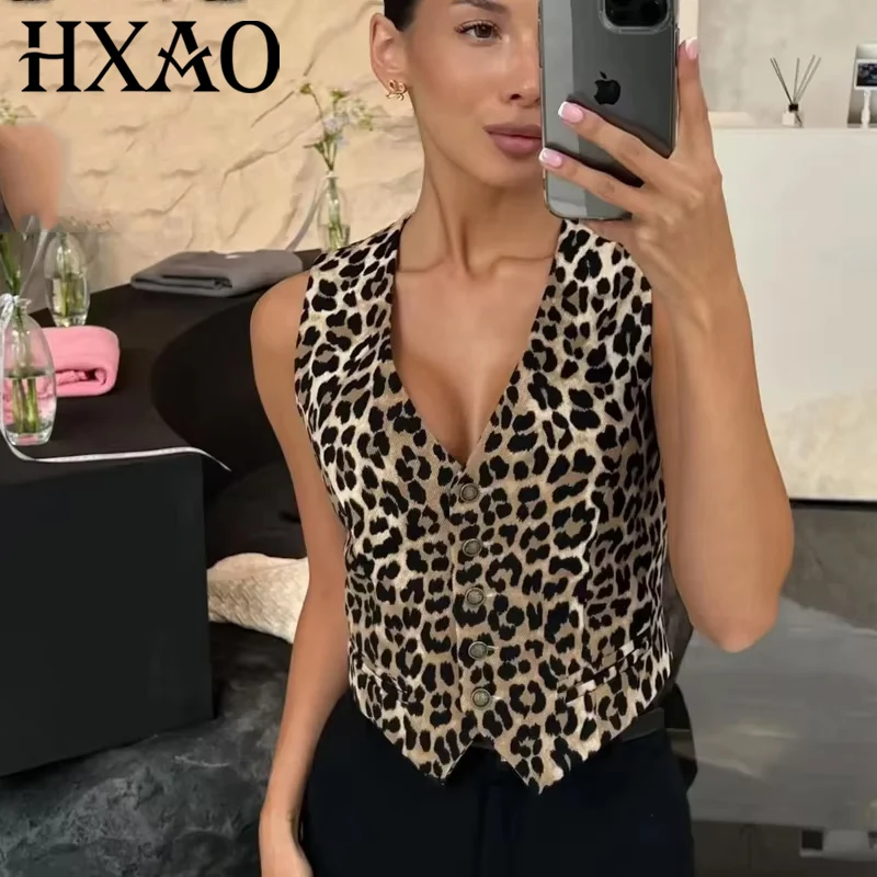 HXAO Leopard Women Vest Vintage Sleeveless Vest Woman Outerwears Animal Print Cropped Suit Vest V Neck Waistcoat Short Coats