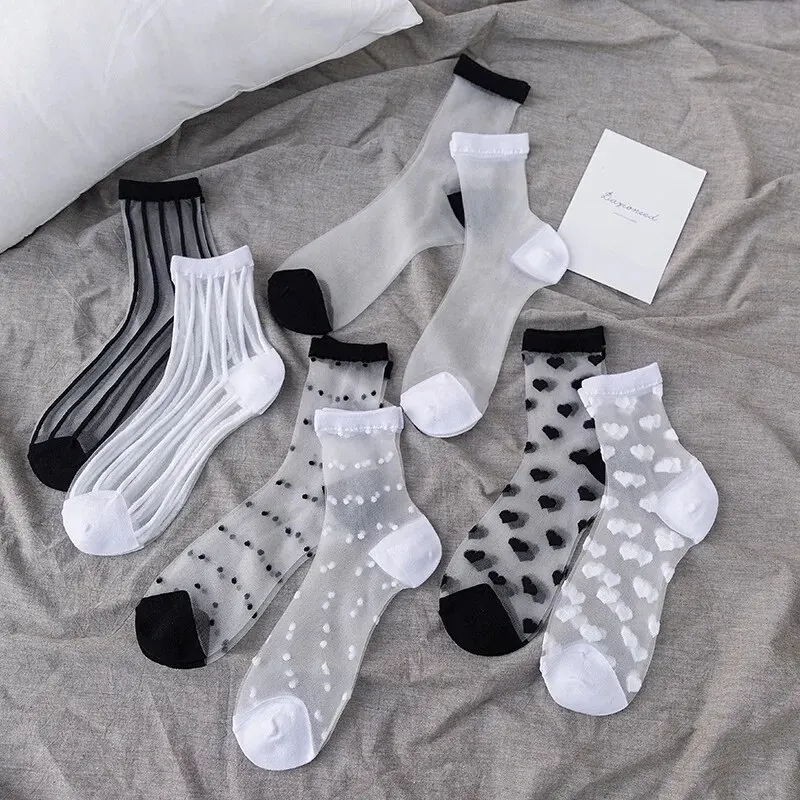 4 Pairs New WOMEN\'S Socks Fashion Tulle Mesh Glass Stockings Ultra-thin Transparent Crystal Lace Elastic Summer Ankle Socks