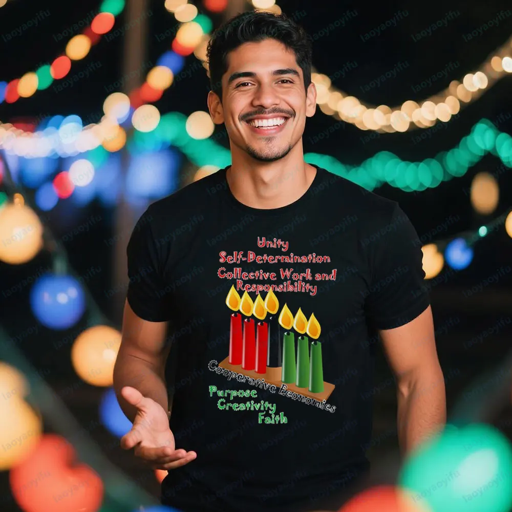 

Kwanzaa Day Candles Tee Festival Gift Unisex T-Shirt Fashionable Casual Men Women Streetwear Graphic Printed Trendy Style Tops