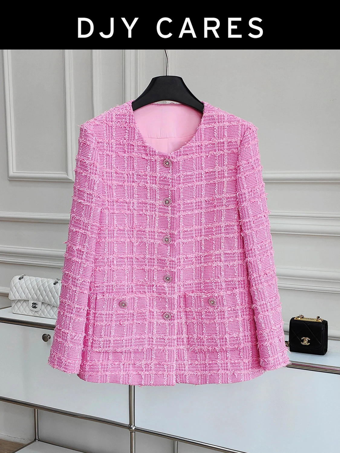 

Новый грубый твидовый романтический розовый элегантный жакет средней длины, топ большого размера