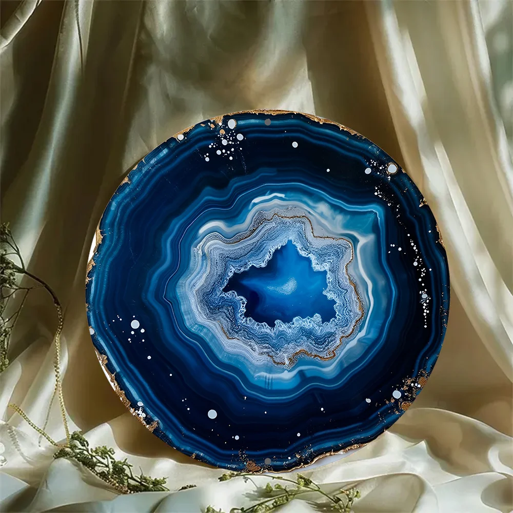 Deep Blue Agate Slice Wall Decor 8x8 Inch Metal-like Texture, Pre-Drilled Hanging, Durable Stone Slab for Kitchen Office Garden