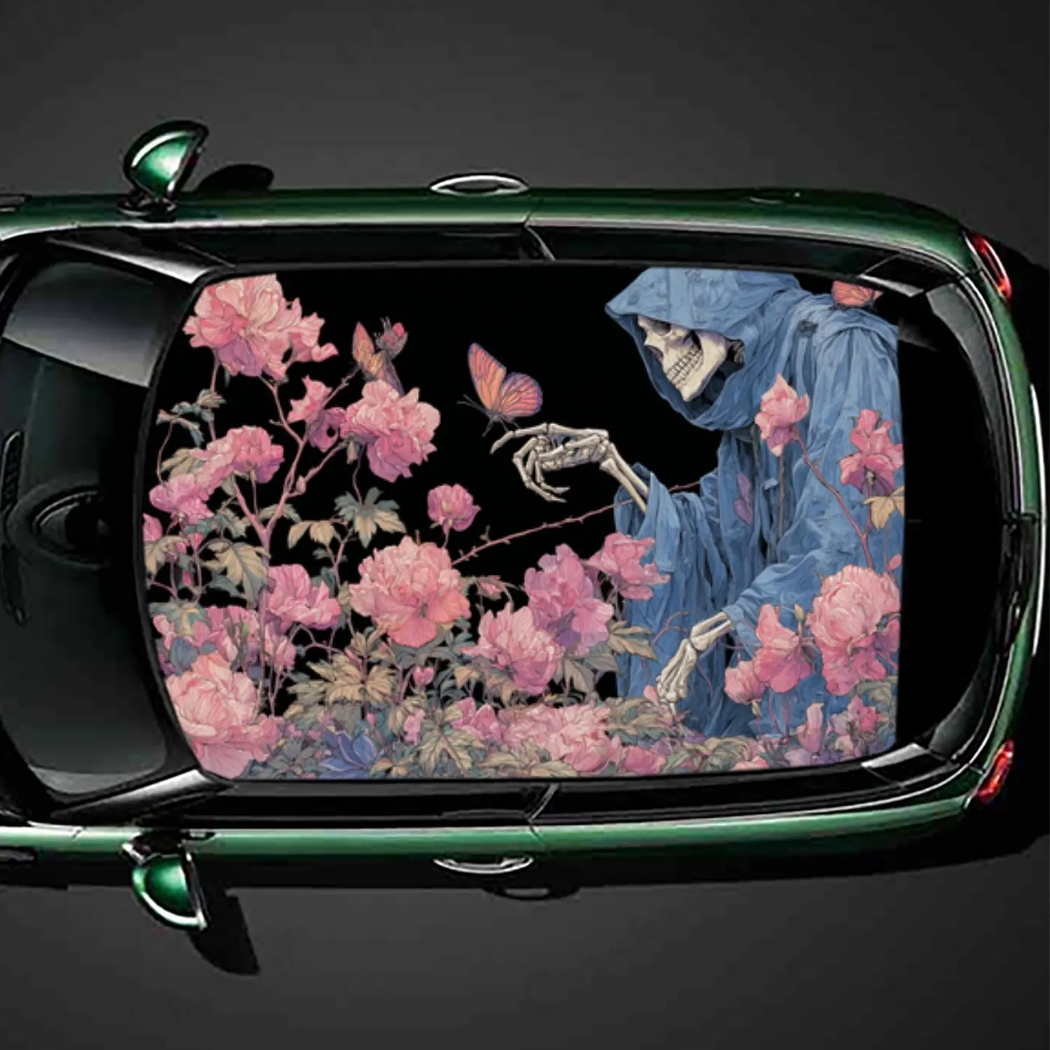 

Мистический синий череп с бабочками, наклейка на крышу автомобиля, автоматическая виниловая наклейка, самоклеящийся водонепроницаемый внешний аксессуар автомобиля,