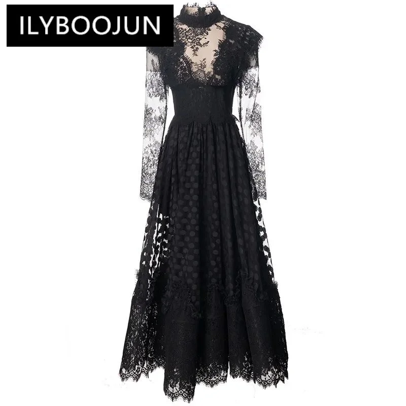 

ILYBOOJUN Fashion Designer Black Vintage Lace Dress Women Stand Collar Long Sleeve Perspective Mesh Slim A-LINE Long Dress