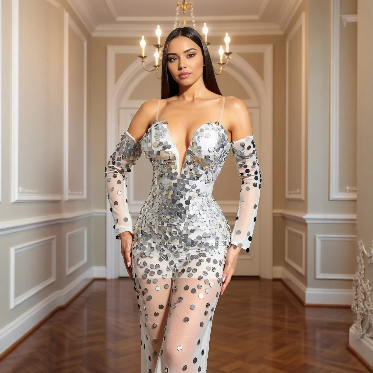 ชุดเดรสออกงานผู้หญิง ฤดูใบไม้ร่วง ฤดูหนาว 2025 เซ็กซี่ ประดับเลื่อม ผ้าตาข่ายซีทรู คอวีแบบหวาน ทรงเข้ารูป เหมาะสำหรับออกเดทและงานกลางคืน